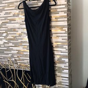 Black open drape back tank sheath dress